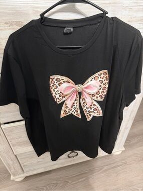 SHEIN Black Tee with Leopard Bow and Pink Ribbon Graphic